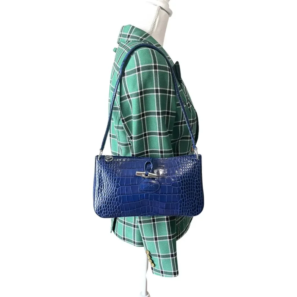 Longchamp Roseau Blue Croc Embossed Shoulder Bag Vintage Y2K Bamboo Toggle